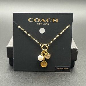 NWT Coach Gold Tea Rose Cluster Pendant Necklace Heart Pearl